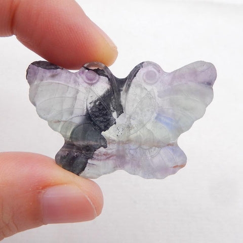 Handmade Carved Fluorite Butterfly Gemstone Cabochon, 39x24x6mm, 9.5g