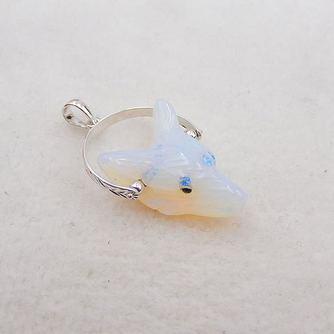 Opalite Carved wolf head Pendant with 925 Sterling Silver 21x12x9mm, 4.2g