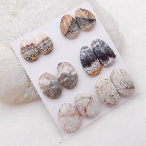 6 Pairs Natural Crazy Lace Agate Cabochons 14X10X4mm, 18X11X4mm, 16.9g