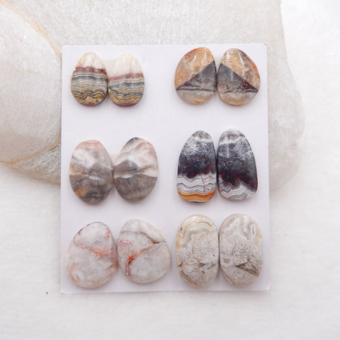 6 Pairs Natural Crazy Lace Agate Cabochons 14X10X4mm, 18X11X4mm, 16.9g