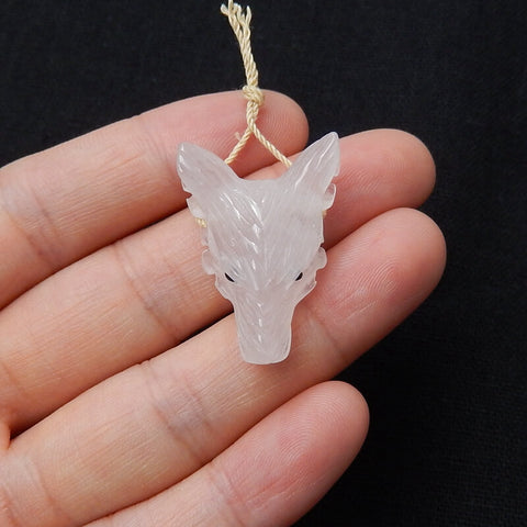 Handmade Rose Quartz Carved Wolf Head Pendant Bead, 28x20x10mm, 5.3g - MyGemGarden