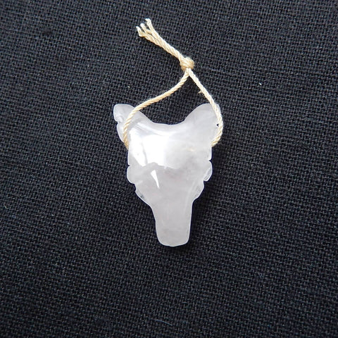 Handmade Rose Quartz Carved Wolf Head Pendant Bead, 28x20x10mm, 5.3g - MyGemGarden