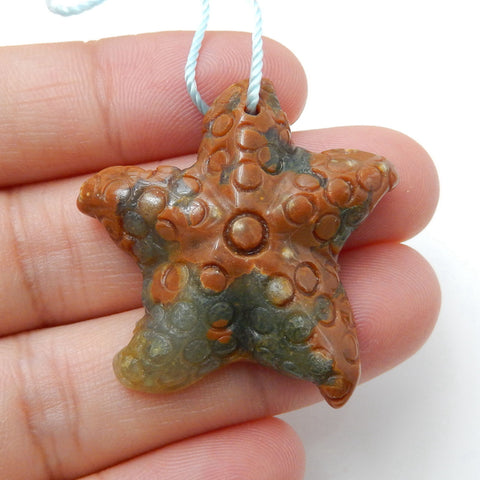 Carved Ocean Jasper Gemstone Starfish Pendant Stone, 33x7mm, 7.4g - MyGemGarden