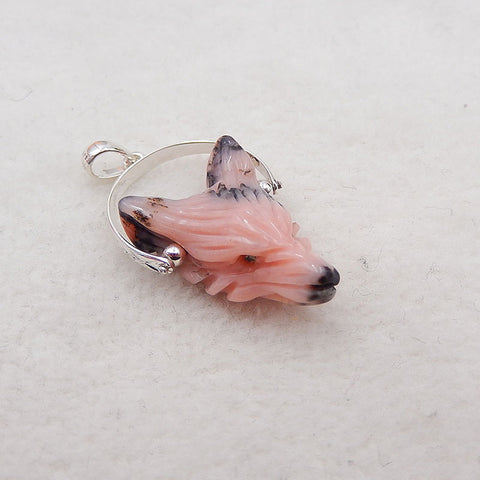 Natural Pink Opal Carved wolf head Pendant with 925 Sterling Silver 23x16x9mm, 3.6g