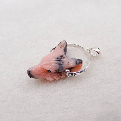 Natural Pink Opal Carved wolf head Pendant with 925 Sterling Silver 23x16x9mm, 3.6g