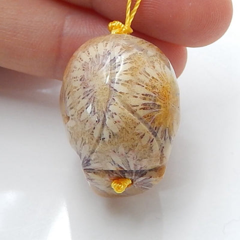 Natural Indonesian Fossil Coral Carving Skull Pendant, 25x20x17mm, 12.6g - MyGemGarden