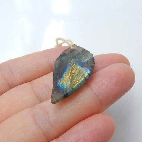 Natural Labradorite carved leaf Pendant Bead, 37x18x5mm, 4.6g - MyGemGarden