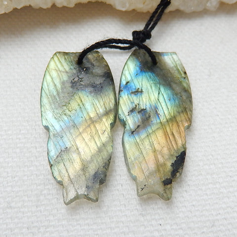 Labradorite Carved Feather Earrings Pair, Handcarved Gemstone Feather Dangle Earrings,33x14x4mm, 5.7g - MyGemGarden