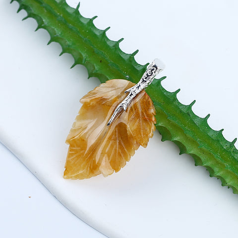 Natural Yellow Jade Carved leaf Pendant with 925 Sterling Silver Accessory 47x27x6mm, 8.2g