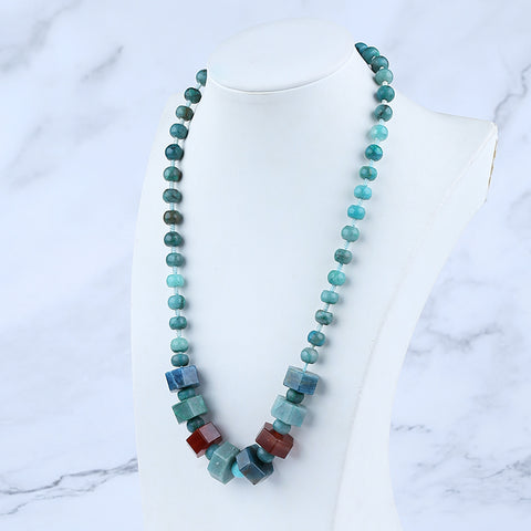 Natural Blue Apatite Crystal, Chrysocolla, Red Agate Necklace with Silver Beads 18 inches length, 62g