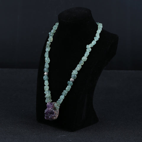 Natural Prehnite With Silver Beads Gemstone Necklace, Amethyst Pendant, Handmade Jewelry, 1 Strand, 24 inch, 85g