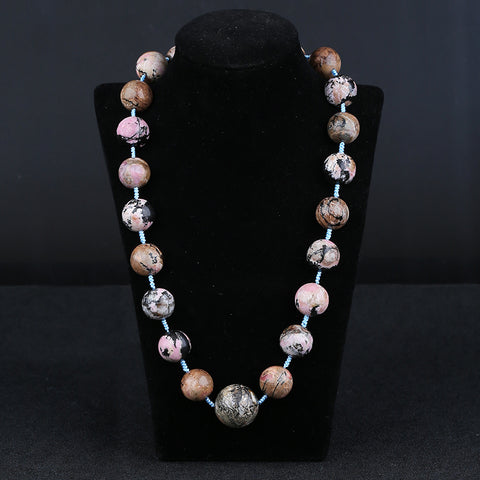 New! Natural Rhodonite Gemstone Necklace, Handmade Jewelry, Adjustable Necklace, 1 Strand, 22-28 inch, 216g