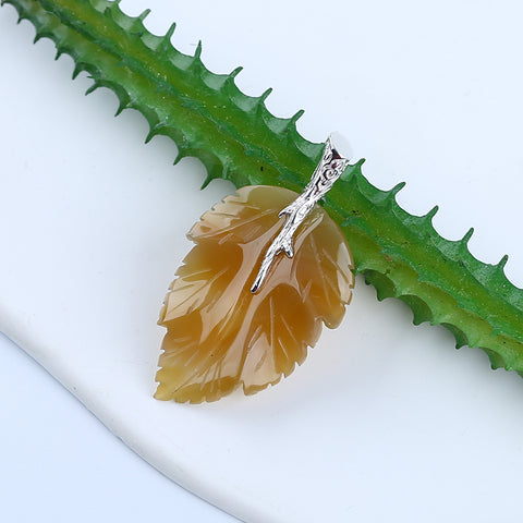 Natural Agate Carved Leaf Pendant with 925 Sterling Silver Pinch Bail 47x26x6mm, 7.8g