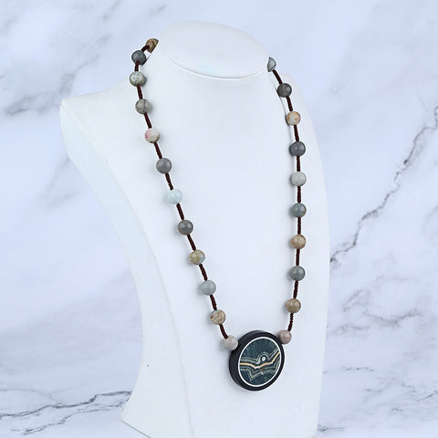 Natural Ocean Jasper, Obsidian Gemstone Necklace, Handmade Jewelry, 1 Strand, 20 inch, 43g