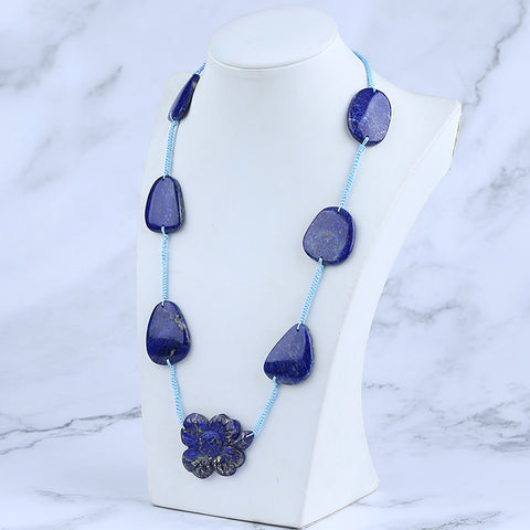 1 Strand Lapis Lazuli Gemstone Necklace, Flower Gemstone Pendant Necklace, Adjustable Necklace, 20-30 inch, 61g