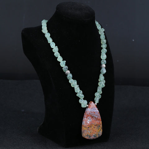 Natural Prehnite With Silver Beads Gemstone Necklace, Ocean Jasper Pendant, Handmade Jewelry, 1 Strand, 24 inch, 92g