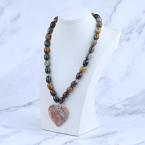 Natural Ocean Jasper Gemstone With Silver Beads Necklace, Heart Shape Pendant, Handmade Jewelry, 1 Strand, 24 inch, 115g