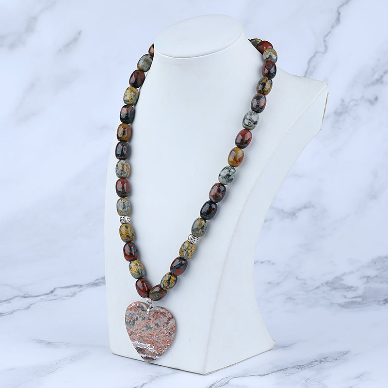 Natural Ocean Jasper Gemstone With Silver Beads Necklace, Heart Shape Pendant, Handmade Jewelry, 1 Strand, 24 inch, 121g