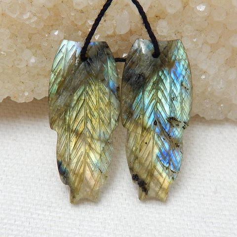 Labradorite Carved Feather Earrings Pair, Handcarved Gemstone Feather Dangle Earrings,33x14x4mm, 5.7g - MyGemGarden