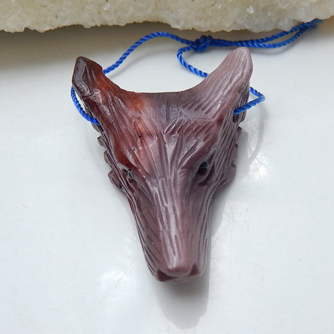 Handmade Mookaite Jasper Carved Wolf Head Pendant Bead, 40x29x13mm, 15.5g - MyGemGarden