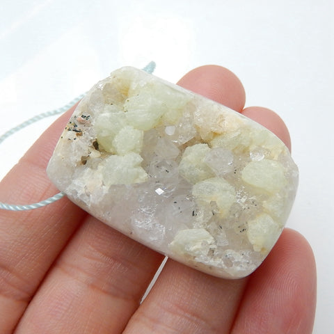 Drusy Geode Gemstone Quartz With Prehnite Pendant Bead, Healing Stone, 37x25x12mm, 18.3g - MyGemGarden