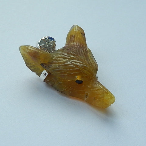 Yellow Opal Carved Wolf Head Necklace Pendant, 925 Sterling Silver Pinch Bail, 33x26x11mm, 9.6g - MyGemGarden