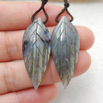 Hot sale Labradorite Carved leaf Earrings Pair, 34x13x4mm, 5.9g - MyGemGarden