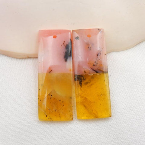 Pink Opal and Yellow Opal Glued Rectangle Earrings Stone Pair, 35x13x4mm, 7.2g