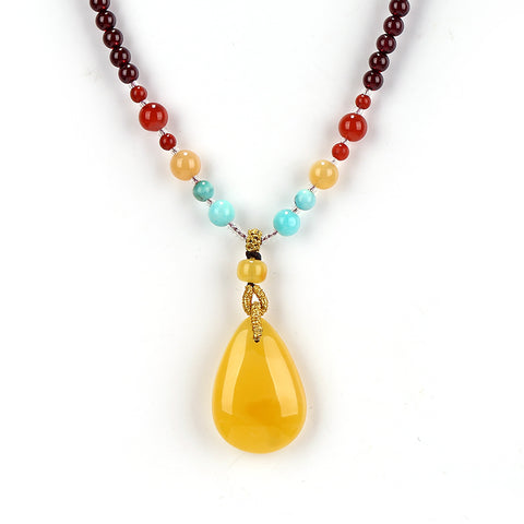 New Arrival Beeswax Necklace Pendant 30x21x10mm, Garnet 4.5mm Round Beads, 24.8g - MyGemGarden