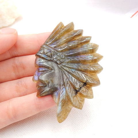 Vintage Hand Carved Labradorite Gemstone Indian Head Pendant , 68x45x5mm, 20.1g - MyGemGarden