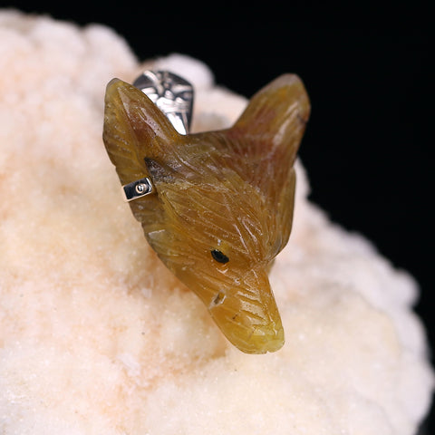 Yellow Opal Carved Wolf Head Necklace Pendant, 925 Sterling Silver Pinch Bail, 33x26x11mm, 9.6g - MyGemGarden