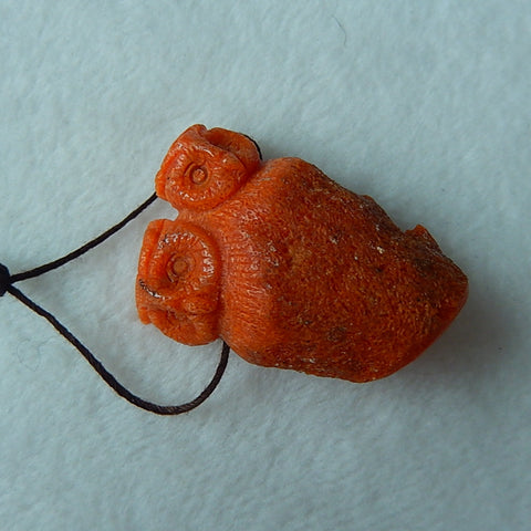 Beautiful New Design Orange Fossil Coral Carved Owl Drilled Pendant, 41x26x17mm, 21.2g - MyGemGarden