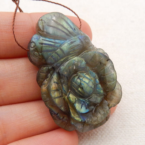 Carved Labradorite Flower and butterfly Pendant 39x26x8mm, 11.7g - MyGemGarden