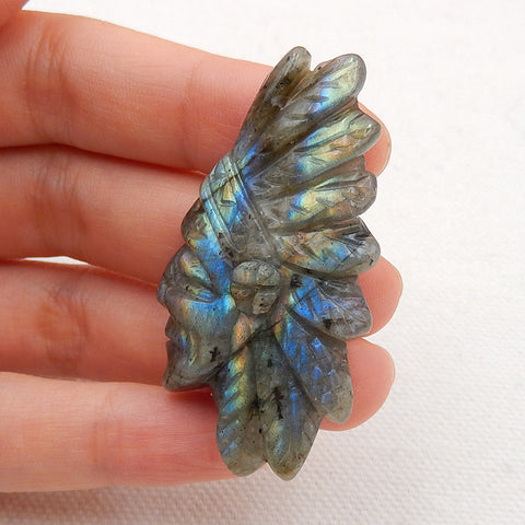 Vintage Hand Carved Labradorite Gemstone Indian Head Pendant, 48x27x7mm, 11.9g - MyGemGarden