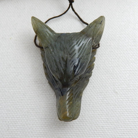 Handmade Labradorite Carved Wolf Head Pendant Bead, 52x36x17mm, 28.4g - MyGemGarden