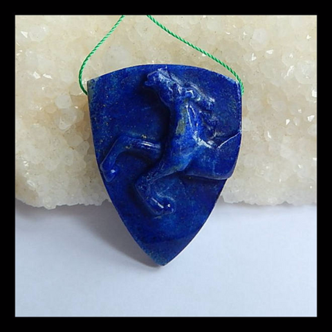 Carved Lapis Lazuli Gemstone Horse Pendant Bead, Running Horse Pendant, 43x31x11mm, 19.8g - MyGemGarden