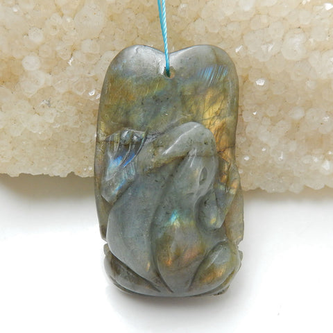 Handmade Labradorite Frog Pendant, Animal Carving, 49x28x16mm, 26.3g - MyGemGarden