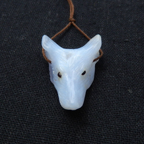 Handmade Blue Lace Agate Carved Wolf Head Pendant Stone, 30x23x12mm, 8.7g - MyGemGarden