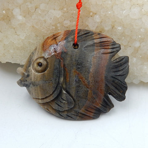 Carved Ocean Jasper Fish Pendant, Natural Stone, 47x38x13mm, 29.5g - MyGemGarden