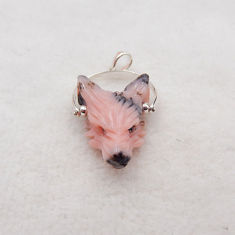 Natural Pink Opal Carved wolf head Pendant with 925 Sterling Silver 23x16x9mm, 3.6g