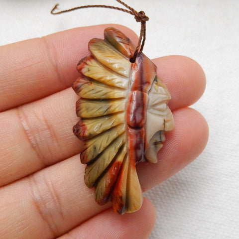 Carved Mookaite Jasper Gemstone Indian Head Pendant, 42x22x7mm, 8.3g - MyGemGarden