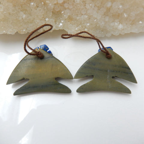 New Natural Gemstone Carved fish Multicolor Picasso jasper with lapis lazuli ntarsia fashion Gemstone Earrings Pair, 33x23x4mm, 10x10x3mm, 9.7g - MyGemGarden