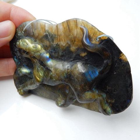 Shimmer Labradorite Detailly Hand-Carved leopard Gemstone Pendant, 85x55x10mm, 63.8g - MyGemGarden