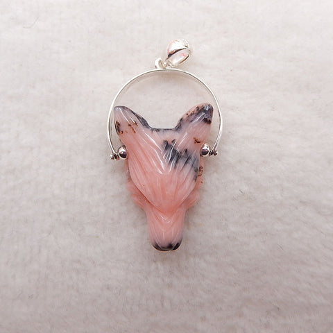 Natural Pink Opal Carved wolf head Pendant with 925 Sterling Silver 23x16x9mm, 3.6g