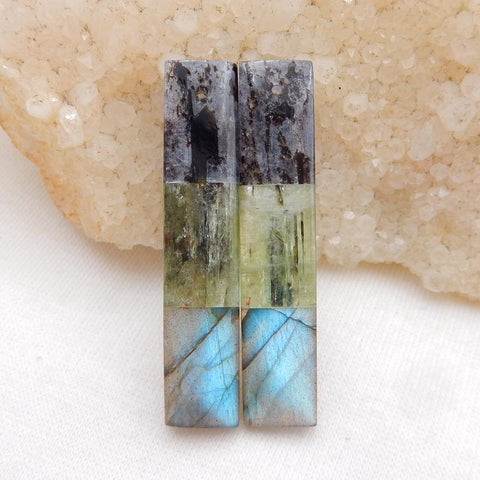 Blue Kyanite, Green Kyanite and Labradorite Glued Rectangle Earrings Stone Pair, 42x9x5mm, 9g