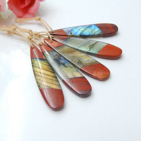 5 pcs Labradorite and Red River Jasper Glued Teardrop Pendant, Set, 41x10x4mm, 12g - MyGemGarden