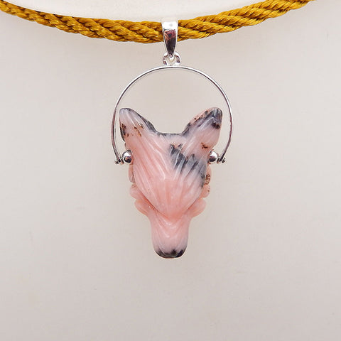 Natural Pink Opal Carved wolf head Pendant with 925 Sterling Silver 23x16x9mm, 3.6g