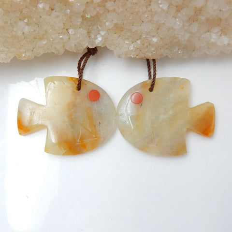 Carved Amazonite Gemstone Fish Earrings Pair, Red River Jasper Eye, 28x22x4mm, 7.2g - MyGemGarden