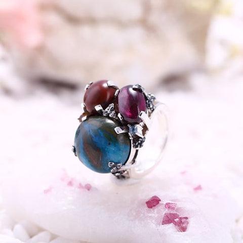 Well Designed!!Stering Silver 925 With Blue Opal With Garnet, Wood Stone Gemstone Intarsia Fashion Jewelry Ring 14.1g(Ring 6 Size) - MyGemGarden