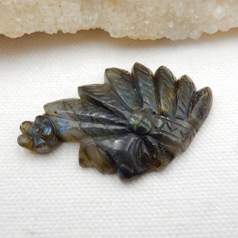 Vintage Hand Carved Labradorite Gemstone Indian Head Pendant , 48x30x8mm, 12.7g - MyGemGarden